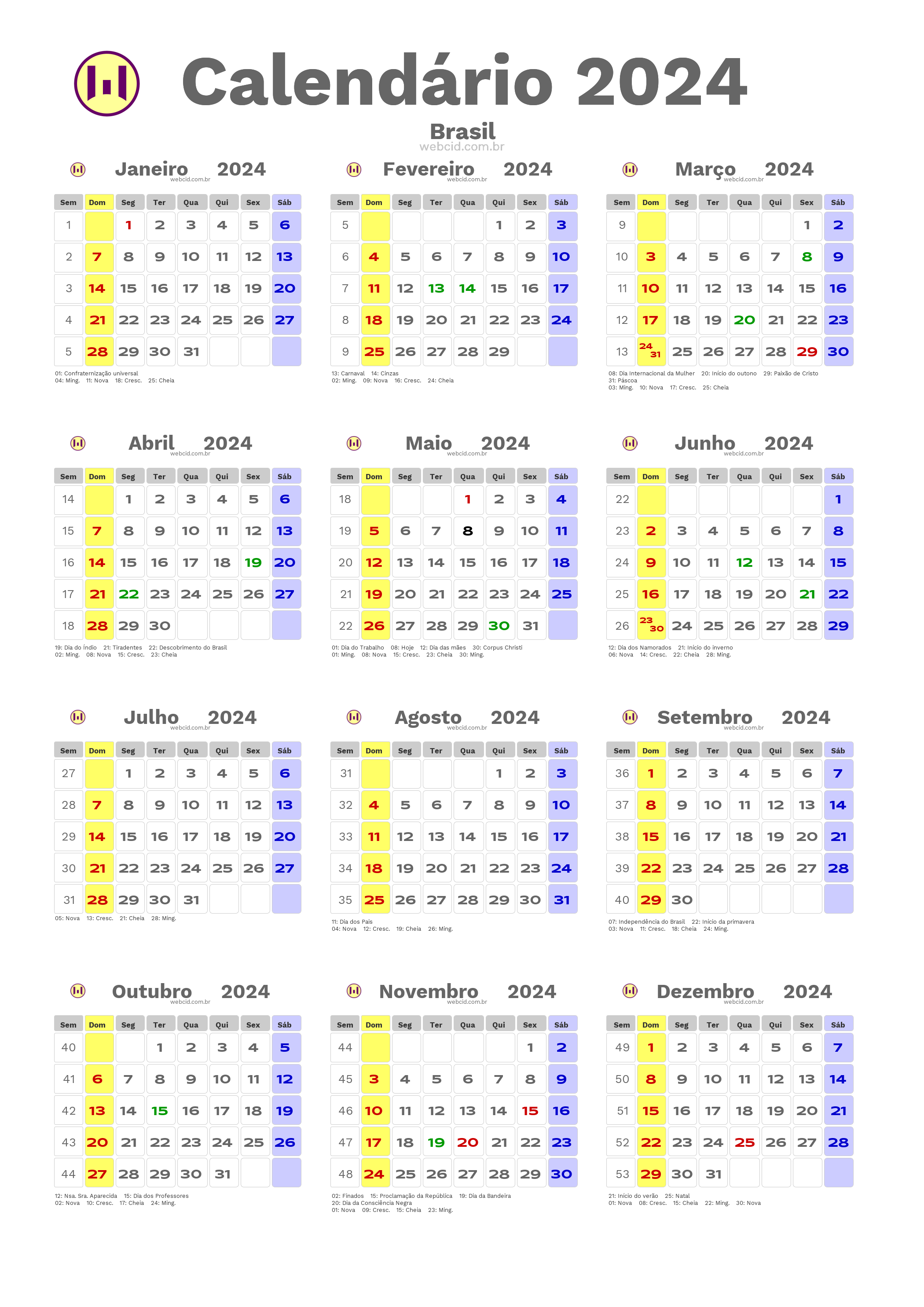 Calendário 2024 - Brasil com feriados e fases da lua